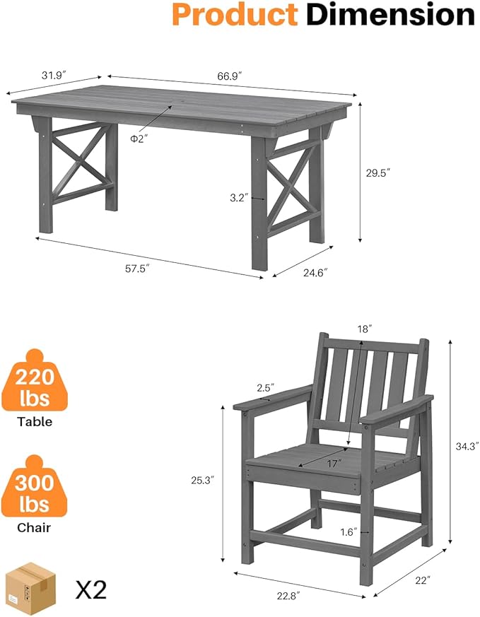 HDPE Patio Dining Set, 5-Piece Outdoor Table and Chairs with Umbrella Hole, Modern Outdoor Dining Set for 4, HDPE Outdoor Patio Furniture Dining Sets for Deck, Poolside, Porch, Smoke Gray-Ruum Studio Home
