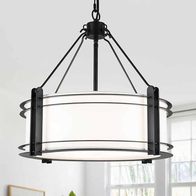 16.3''Black Drum Chandelier 3-Light Modern Farmhouse Chandelier with White Fabric Shade Adjustable Drum Pendant Light Fixture for Dining Room Kitchen Island Hallway Living Bedroom-Ruum Studio Home