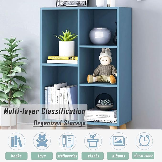 IOTXY Wooden Open Shelf Bookcase - 3-Tier Floor Standing Display Cabinet Rack with Legs, 5 Cubes Bookshelf, Bright Blue-Ruum Studio Home