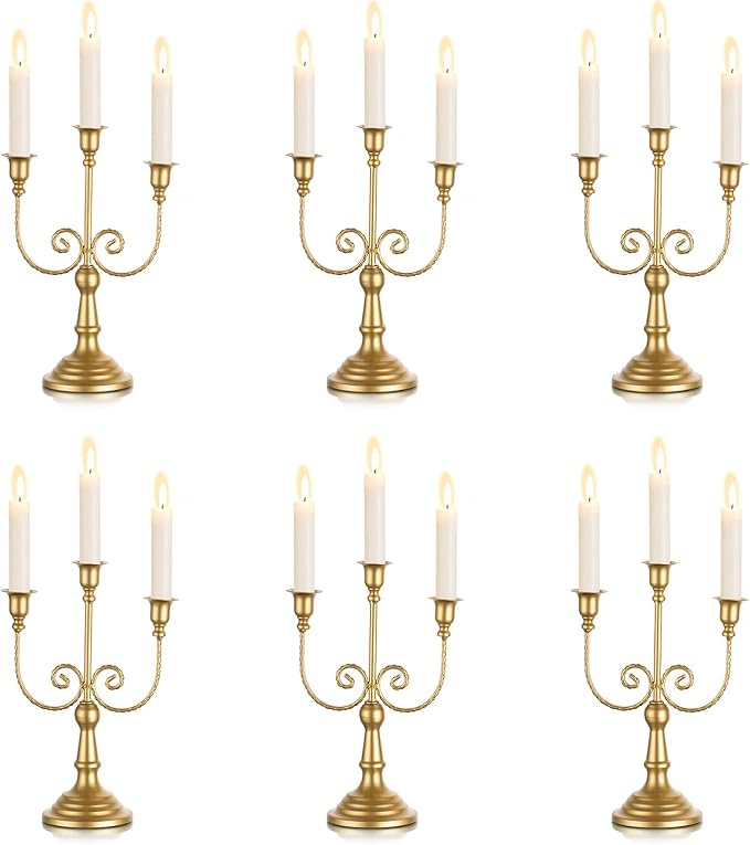 Sziqiqi Gold Taper Candle Holder for Centerpiece - 3-arm Candlesticks Holder for Wedding Table Centerpieces Metal Candle Stick Holders for Fireplace Mantle Set of 6-Ruum Studio Home