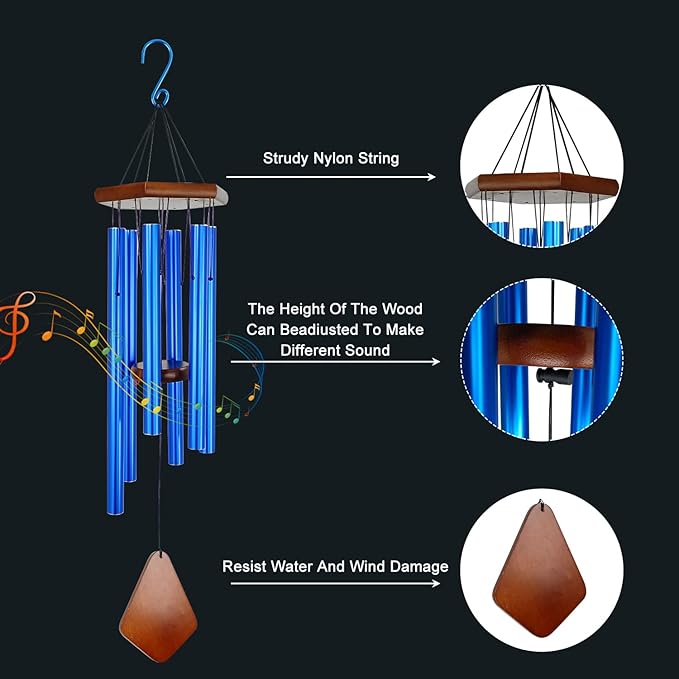 Wind Chimes for Outside, Windchime Outdoor with 6 Tuned Tubes, Elegant Chime for Garden Patio Decoration, Blue-Ruum Studio Home