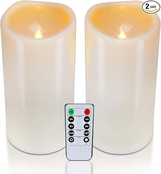 Homemory 4" x 8" Waterproof Outdoor Flameless Candles, Battery Operated Flickering LED Pillar Candles with Remote and Timers for Indoor Outdoor Lanterns, Long Lasting, Large, Dark Ivory, Set of 2