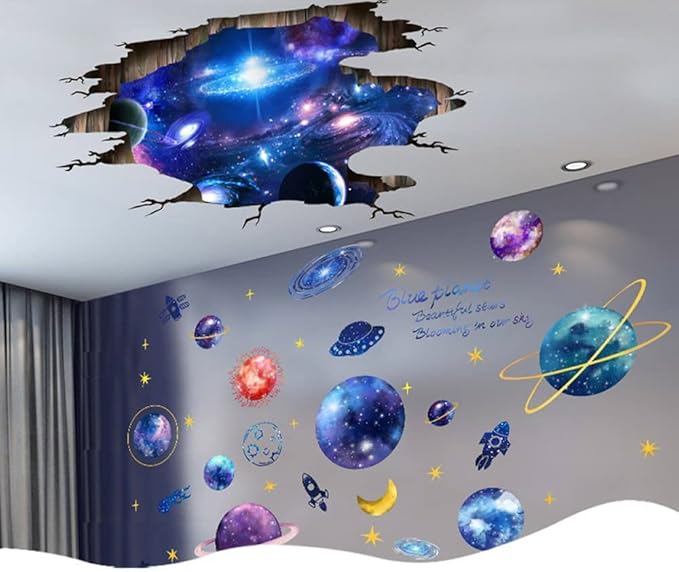 Quanhaigou Blue Purple Galaxy Wall Decals, Removable Sticker,The Art Magic 3D Milky Way Cosmic Stars Spacecraft Dreamscape Home Decor for Bedroom Living Room Floor Ceiling Kids Room-Ruum Studio Home