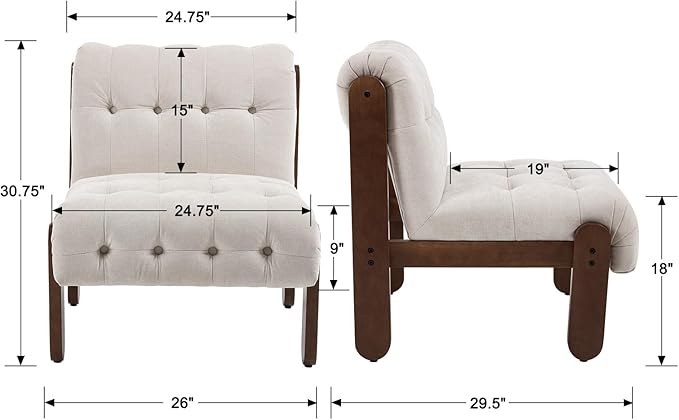Modern Armless Accent Chair for Living Room, Soft Beige Linen Button Tufted Upholstered Lounge Reading Chair with Walnut Wood Frame-Ruum Studio Home