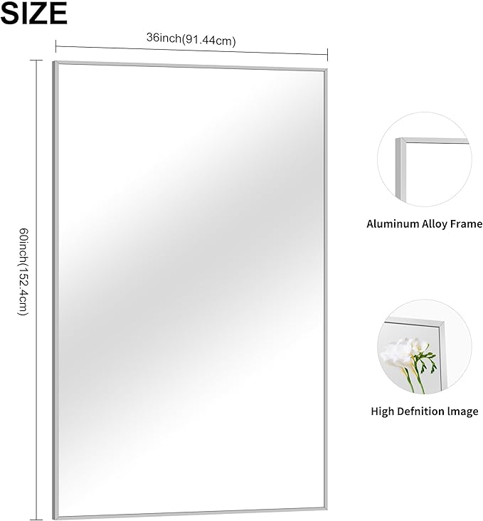 36x60inch Brushed Nickel Bathroom Mirror, Silver Rectangle Mirror with Frame, Large Rectangular Wall Mirrors for Bathroom, Living Roomm, Hair Salon, Big Mirror Hang Horizontal/Vertical-Ruum Studio Home