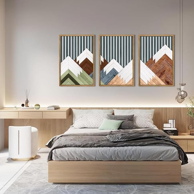 DRACIT Large Woodcut Mountain Wall Art Set Abstract Boho Forest Wood Wall Decor Nature Blue Art Decor Modern Geometric Wooden Wall Sculptures for Living Room Bedroom Office-16x24Inchx3-Ruum Studio Home