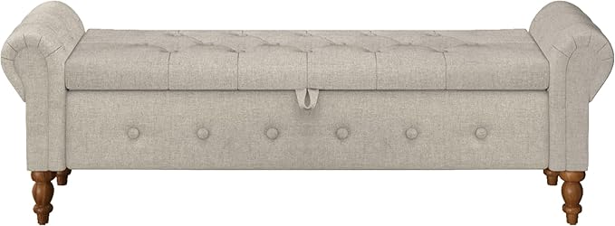 Storage Ottoman Bench for Bedroom, Linen 52" End of Bed Bench with Rolled Arms Upholstered Ottoman Bench Fit for Bedroom, Living Room, Entryway, Linen Gray-Ruum Studio Home