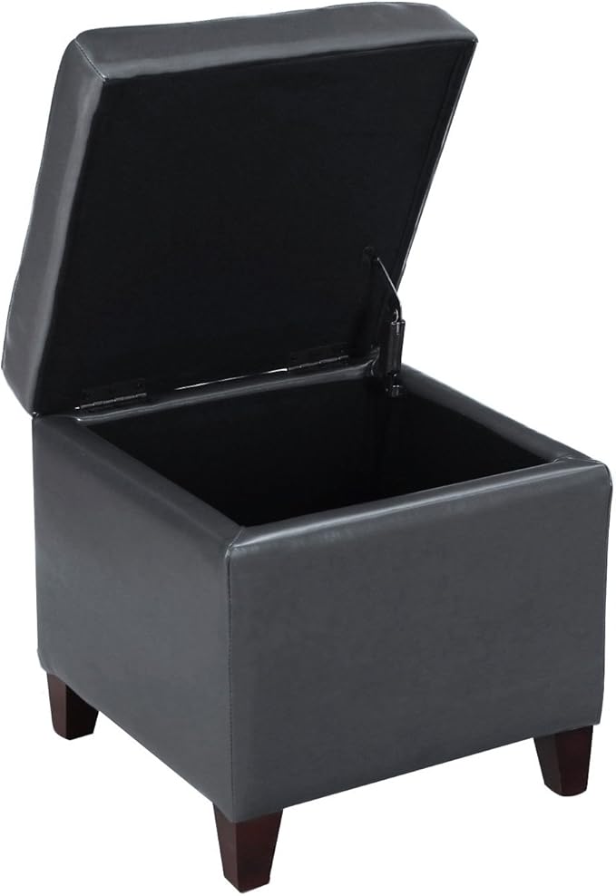 Adeco Bonded Leather Square Tufted Cubic Cube Storage Footstool, 18" Inch Ottomans & Storage Ottomans, With Lid, Dim Gray-Ruum Studio Home