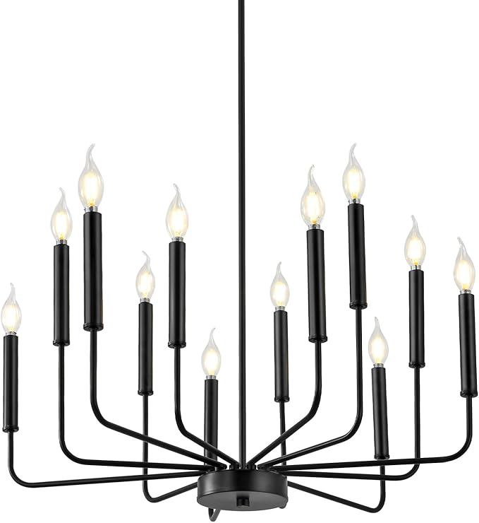 Modern Black Farmhouse Chandeliers, 12-Light Industrial Metal Chandelier Lighting, Classic Candle Hanging Pendant Light Fixtures for Living Room, Dining Room, Kitchen, Bedroom, Entryway-Ruum Studio Home
