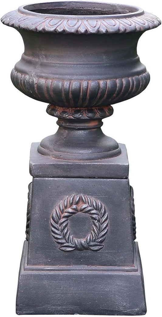 VISIBLE Classic Garden Urn Planter with Pedestal, Black Antique Finish, Cement Fiber Material, Decorative Leaf Pattern, 22 Inch Height, Indoor Outdoor Use, Delivered from Local Warehouse (Black)-Ruum Studio Home