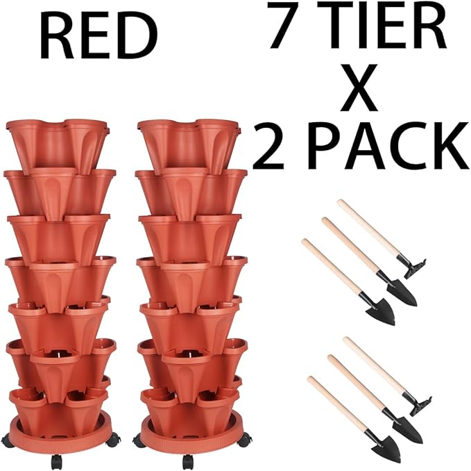 Vertical Planter 7 Tier Stackable Planters Garden Planters Strawberry Herb Flower and Vegetable Planter Indoor Outdoor Gardening Pots with Removable Wheels and Tools 2-Pack-Ruum Studio Home