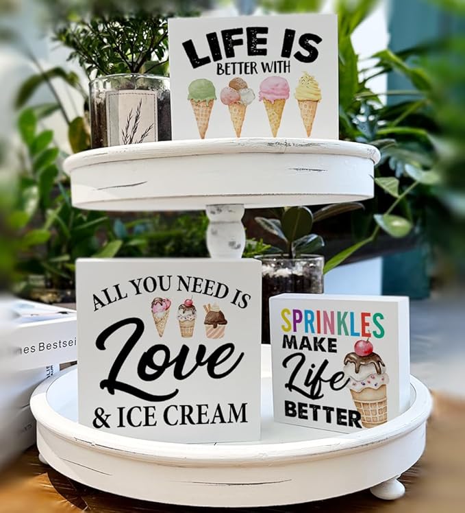 3 Pcs Summer Ice Cream Wood Box Signs Decor Farmhouse Summer Ice Cream Tiered Tray Decor Table Desk Shelf Kitchen Decoration Rustic-Ruum Studio Home