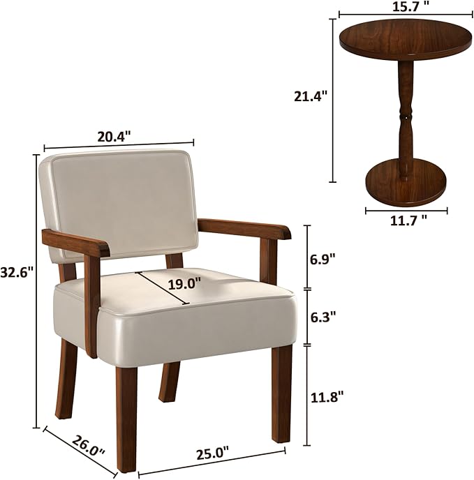 Accent Chair Set of 2 with Table, PU Leather Chair for Living Room Oversized Armchair with Soft Seat and Armrests for Bedroom Dinning Reading Waiting Room (Leather Beige)-Ruum Studio Home