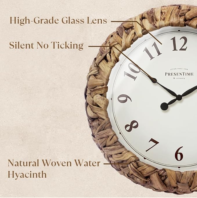 Presentime & Co. Farmhouse Series, Rustic Woven Clock, 12.6 inch, Natural Woven Water Hyacinth/Sea Grass. Wall Sculpture, Wall Art and Timepiece for Home Decoration/Decoration/Farmhouse Décor-Ruum Studio Home