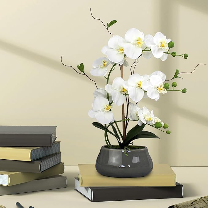 White Orchid Artificial Flowers with Gray Vase Large Silk Faux Phalaenopsis Flowers for Dining Room Table Floral Centerpieces Indoor Decoration-Ruum Studio Home