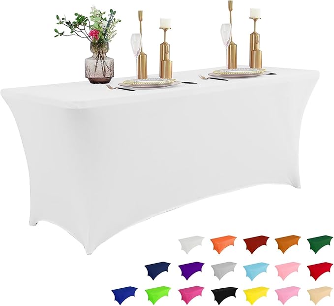 IVAPUPU 8FT Table Cloth for Rectangular Fitted Events Stretch White Table Covers Washable Spandex Spring Tablecloth Protector for Party, Wedding, Cocktail, Banquet, Festival-Ruum Studio Home