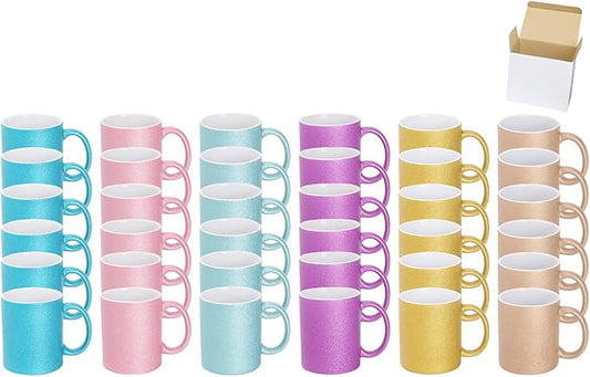 11oz White Ceramic Sublimation Coffee Mug in White Gift Box, 6 Sparkling Mixed Colors, Case of 36-Ruum Studio Home