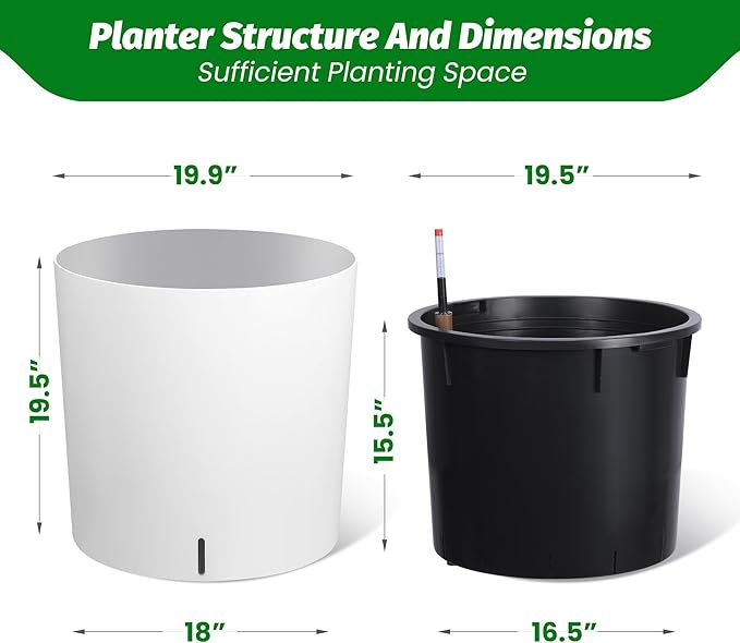 Tall Round Planter Set of 2, 19.5‘’ H x 19.9" Dia Large Planters for Indoor Plants with Built-in Drainage and a Water Level Monitor and Wheels for Patio, Porch, Living Room, or Home Office, White-Ruum Studio Home