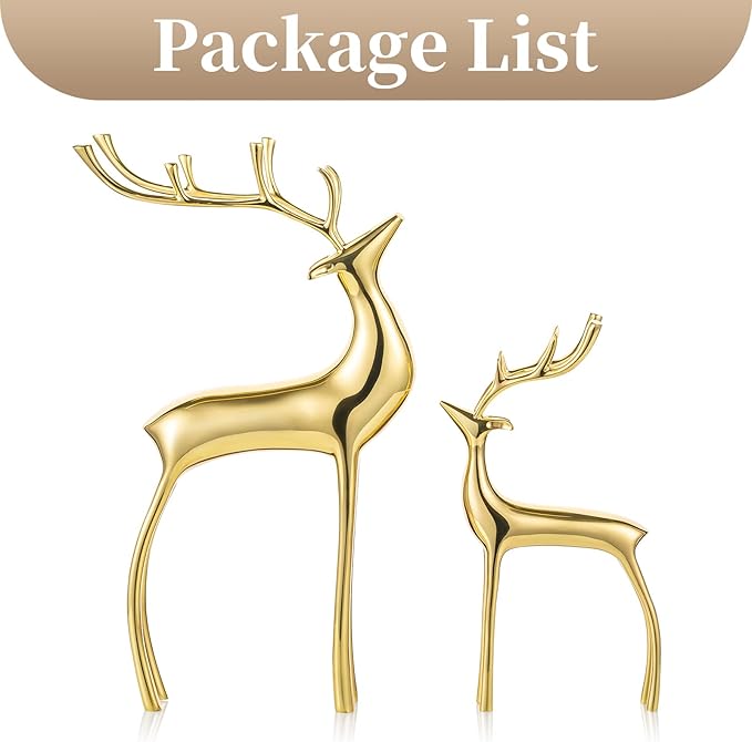 Sziqiqi Reindeer Figurine Statues Deluxe Set of 2, Christmas Deer Pure Copper Heavy Reindeer Ornaments for Home Decor Accents Living Room Office Bookself Tabletop Mantle Christmas Decoration, Gold-Ruum Studio Home