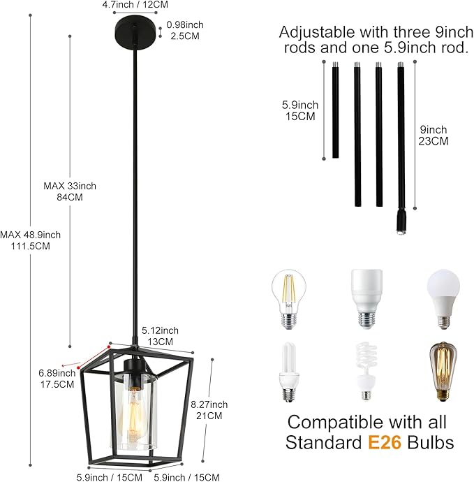 1-Light Black Pendant Light Fixture Farmhouse Iron Cage Metal Pendant Light Lantern Hanging Light Fixtures with Clear Glass Shade for Kitchen Island, Entryway, Dining Room, Hallway 5.9*5.9*8.27IN-Ruum Studio Home