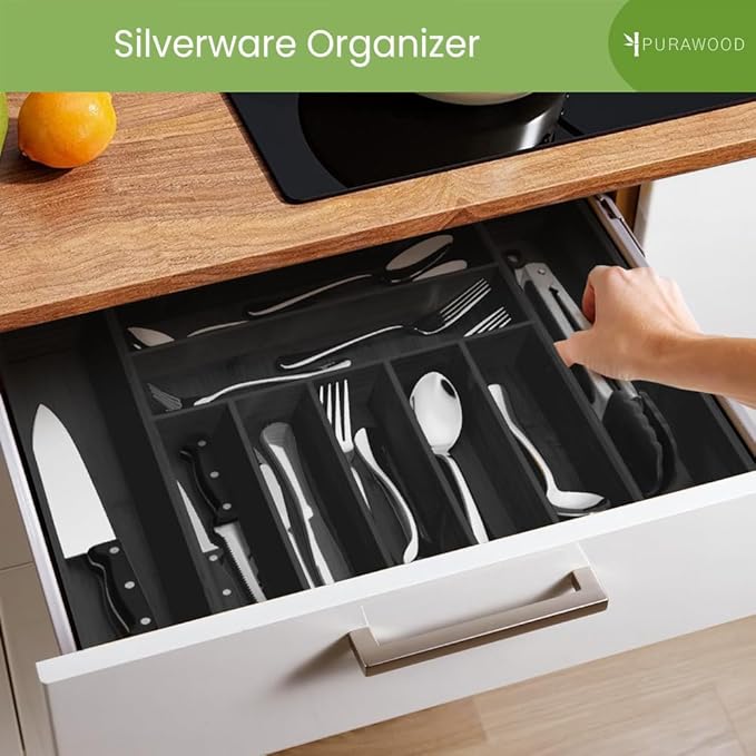 Purawood Bamboo Drawer Organizer - Expandable Silverware Organizer & Utensil Organizer, Cutlery Tray with Dividers, 7-9 Slots - Premium Kitchen Drawer Organizer for Utensils & Flatware (Black)-Ruum Studio Home