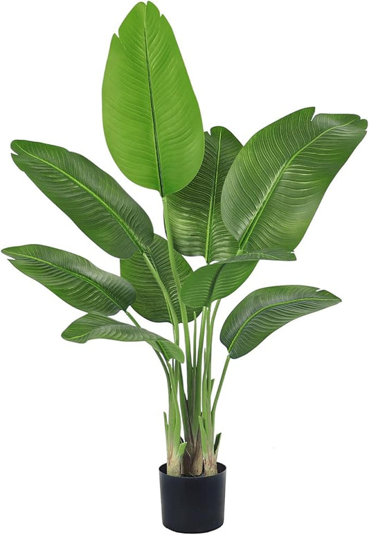 Lifelike Bird of Paradise Silk Artificial Plant Faux Banana Leaf Tree for Home Decor - Perfect Indoor Floor Plant with 9 Trunks (1, Black Planter, 4 FT)-Ruum Studio Home