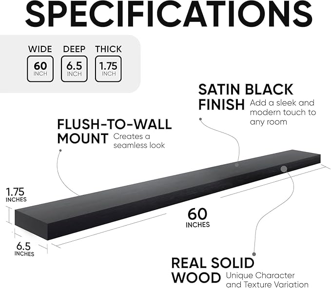 Homeforia Floating Black Shelf 60 inch, High End Solid Real Wood 60 inches Long Floating Shelves for Wall, Black Wooden 60inch Large Floating Shelves, Heavy Duty Bracket, 60 X 6.5 X 1.75 in, Set of 2-Ruum Studio Home