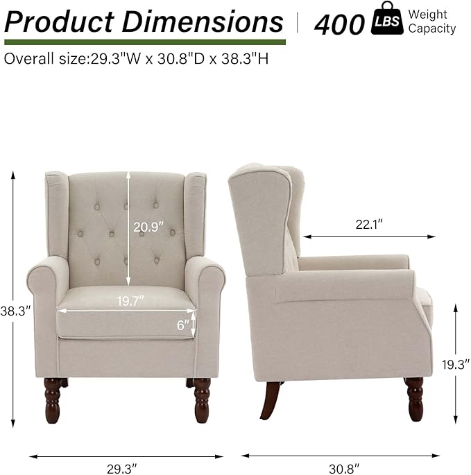 Accent Chair, Upholstered Armchair with Button Tufted High Back & Solid Wood Legs, Comfy Wingback Reading Single Sofa Chair for Small Spaces, Living Room, Bedroom-Ruum Studio Home