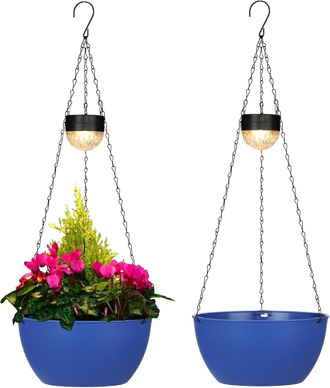 2 Packs Solar Hanging Basket Planters for Plants Outdoor, Self Watering Blue Flower Plants Pots with Solar Light Drainer for Balcony Patio Garden Outdoor Decoration-Ruum Studio Home