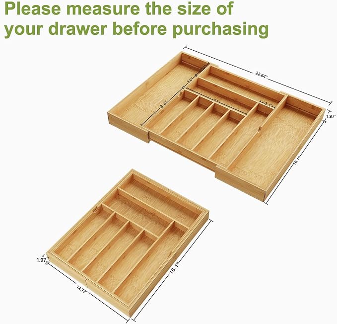 BAMEOS drawer organizer flatware organizer cutlery tray silverware organizer expandable adjustable bamboo drawer organizer kitchen bathroom-Ruum Studio Home
