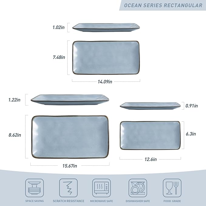 famiware Serving Platter, Rectangular 15.67/14.1/12.6inch Serving Dishes for Entertaining, Reactive Glaze, Stoneware Serving Trays for Party, Food, Turkey, Snack, Cheese, Ocean Series, Blue-Ruum Studio Home