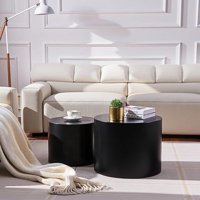 Nesting Coffee Table Set of 2, Modern Round Coffee Table with Non-Slip Feet, Wooden Circle Accent Tables for Small Spaces Living Room Bedroom Balcony Office Drum Side Table (Black)-Ruum Studio Home