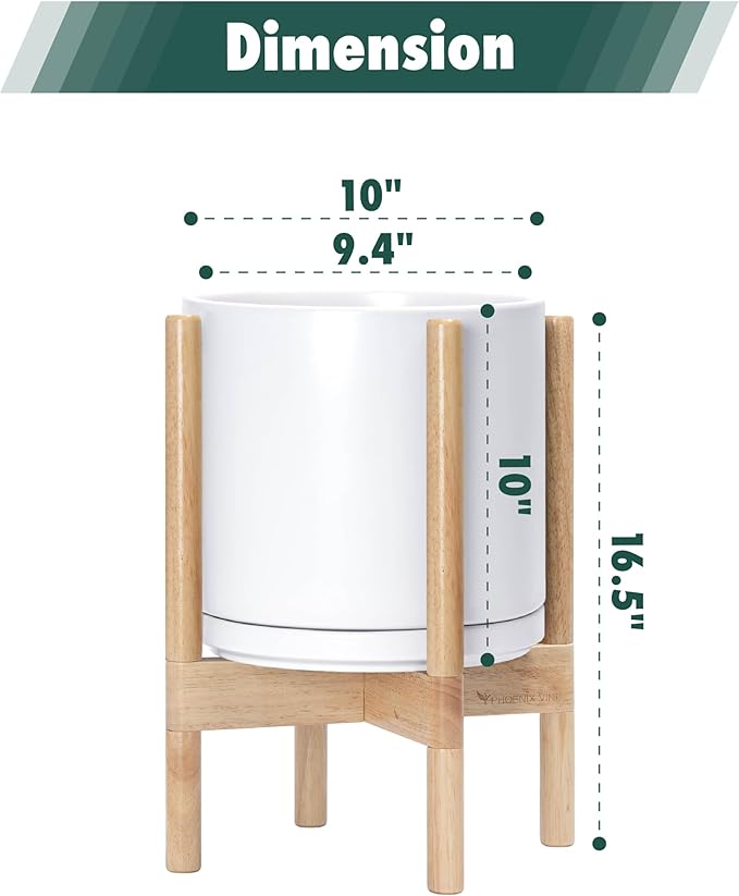 D'vine Dev Ceramic Planter with Natural Stand - 10 Inch Modern Round Flower Pot with Wood Planter Holder, White, 55-B-K-1-Ruum Studio Home