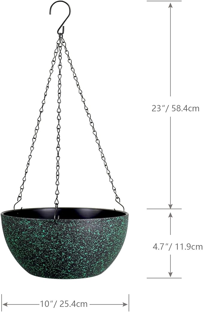 10inch Hanging Planters for Outdoor Indoor Plants with Drainage Holes and Chain, 2 Pack Round Hanging Flower Pots for Garden Home Porch Decor, Black with Green Speckles-Ruum Studio Home