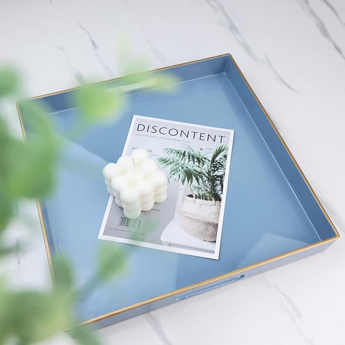 Spsyrine Light Blue Decorative Tray for Living Room, Square Modern Plastic Coffee Serving Table Tray for Ottoman Bathroom Kitchen, 13"*13".-Ruum Studio Home