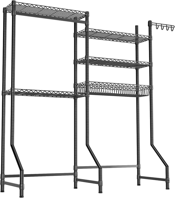 Over Washer and Dryer Shelves,Heavy Duty Laundry Room Storage Organization Clothes Drying Rack,5 Tier Adjustable Height Wire Shelving and Wire Basket with Hanger Rod&Hook,Space Saving Shelf-Ruum Studio Home
