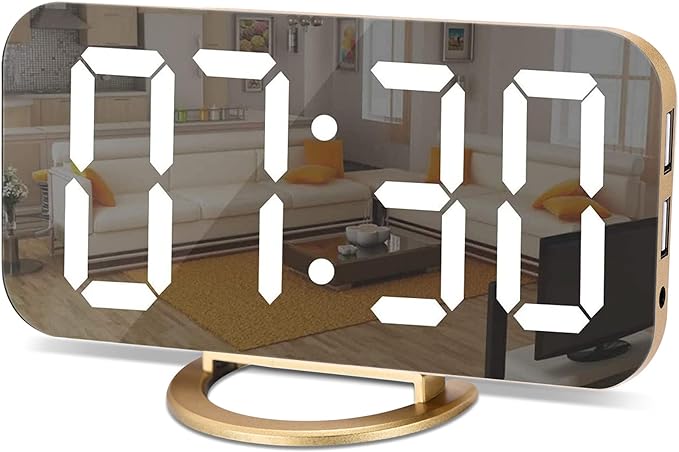 SZELAM Digital Alarm Clock,LED and Mirror Desk Clock Large Display,with Dual USB Charger Ports,3 Levels Brightness,12/24H,Modern Electronic Clock for Bedroom Home Living Room Office - Gold-Ruum Studio Home