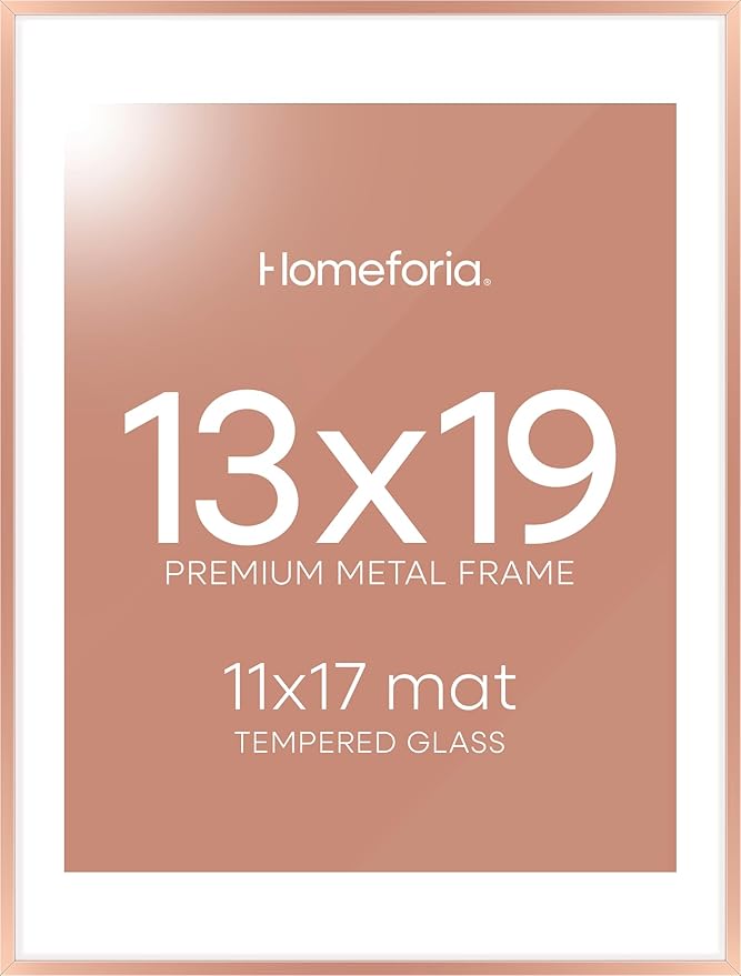 Homeforia 13x19 Picture Frame Rose Gold, High End Metal 13x19 Poster Frames with Mat 11x17 inch Photo, 13 x 19 Rose Gold Frame Matted to 11 by 17 Print, 19x13 Frame, Tempered Glass, Wall Kit, Set of 1-Ruum Studio Home