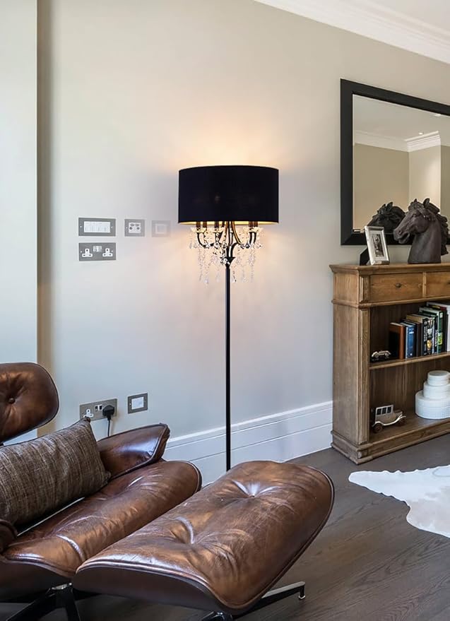 Wellmet Black Crystal Drum Shade Floor Lamp, 6 Light Black Gold Shade, Candle Base, for Living Room, Bedroom, Reading Room, Hallway, Corridor-Ruum Studio Home
