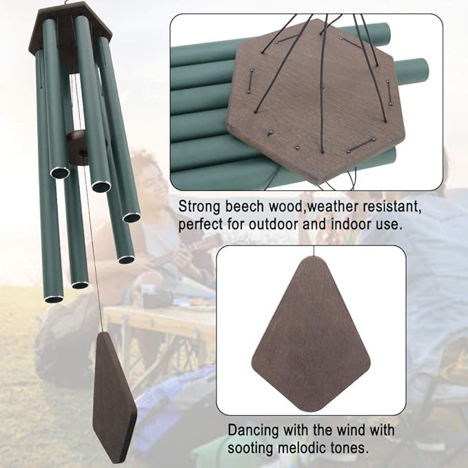 Wind Chimes Outdoor Large Deep Tone, 44 Inches Sympathy Wind Chimes Tuned Soothing Melody, Memorial Wind-Chime with 6 Heavy Tubes for Outside Decoration, Garden/Yard. Green-Ruum Studio Home