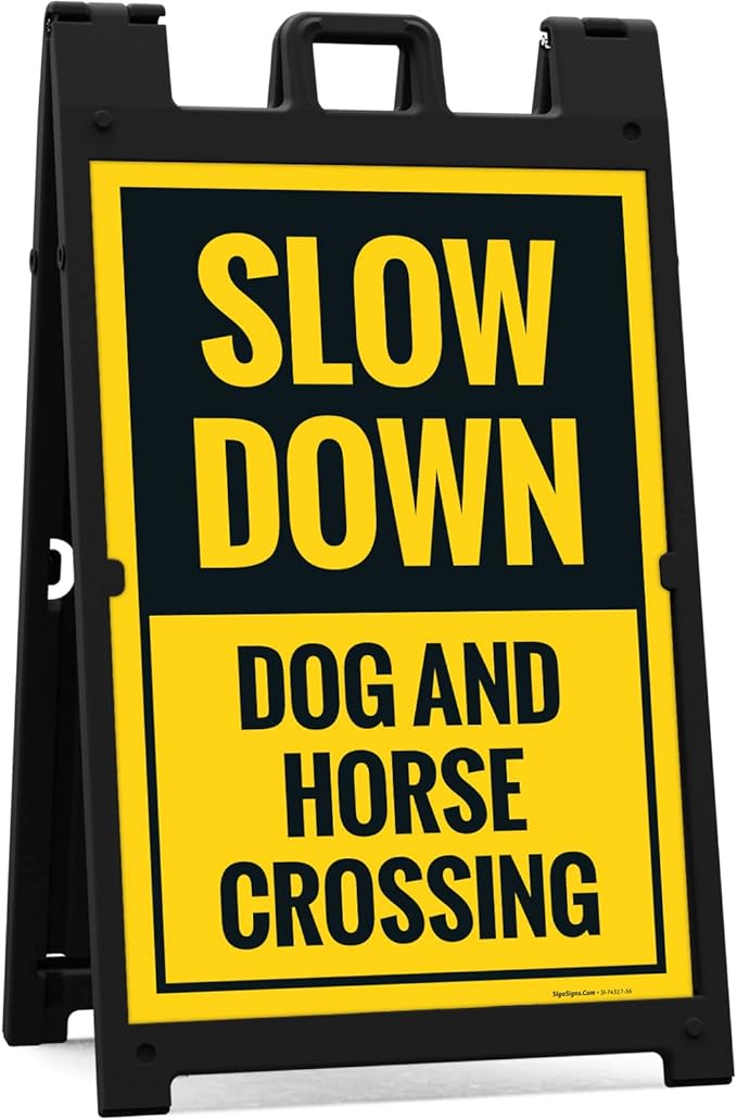Slow Down Dog and Horse Crossing Sidewalk Sign Kit, 24x36 Inches, with A Frame Stand, Made in USA-Ruum Studio Home