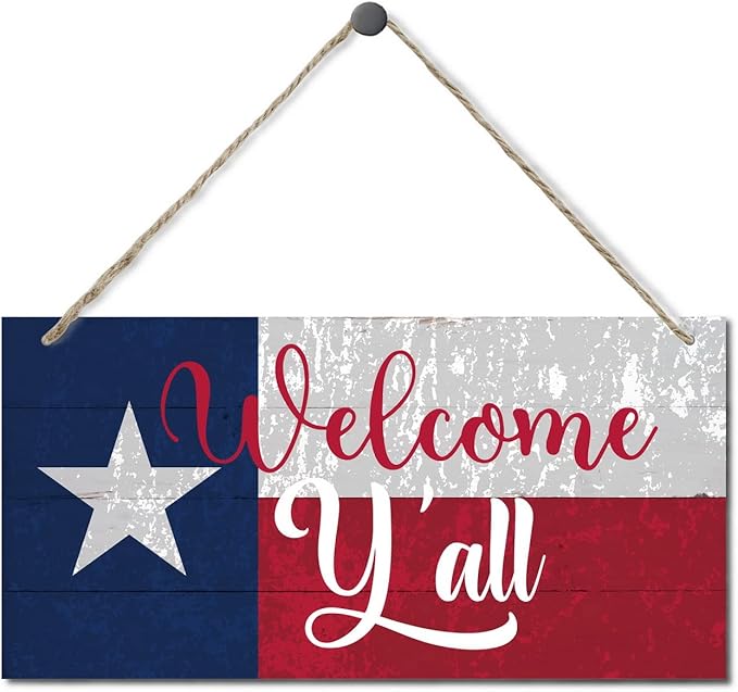 Welcome Y'all Decor Sign, Hanging Wood Sign Home Decorative, Printed Wood Wall Art Sign, Wooden Hanging Sign, Texas Flag Welcome Door Hanger, Welcome Sign for Front Door, Farmhouse Porch Decor 12*6in-Ruum Studio Home