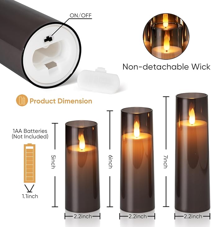Homemory Decorative Flameless Candles, Battery Operated Candles with Remote & Timer, Flickering Led Pillar Candles, Plexiglass, Grey, Pack of 9, D2.2 xH 5" 6" 7"-Ruum Studio Home