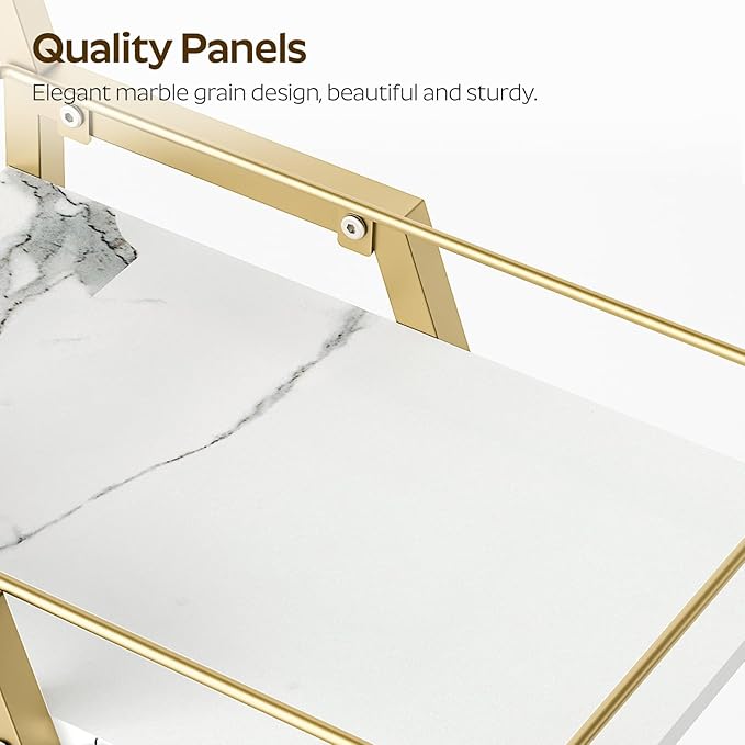 Bar Cart, Gold Bar Cart for The Home, Small Bar Cart on Wheels, Beverage Cart, Home Bar Serving Cart with Glass Holder, Drink Cart for Bar, Kitchen, Dining, Marble White and Gold BC03DW-Ruum Studio Home