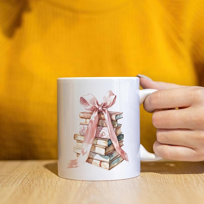 JINYO Coquette Pink Bow Books Mug, Book Coffee Cup, Reading Mugs for Book Lovers, Gifts for Readers Books Lovers Women, Bookish Bookworm Gifts for Women, Ceramic Coffee Tea Mug 11 oz-Ruum Studio Home