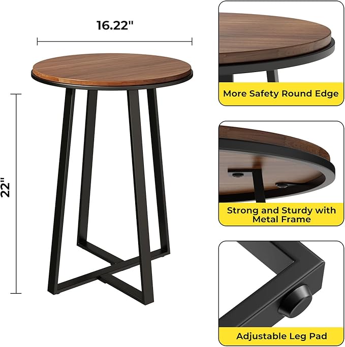 Round End Tables, Small Side Table Walnut Color MDF Top, Metal Frame Black, Tall End Table for Bed Room, Coffee Tea End Table for Living Room(Walnut+Black)-Ruum Studio Home