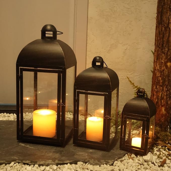 NEEDOMO Lanterns Decorative Outdoor & Indoor, Set of 3 Outdoor Lanterns for Porch, 23" Large Candle Lantern, Bronze Metal Frame with Glass, Vintage Farmhouse, Patio, Pathway, Garden, Fall, Christmas-Ruum Studio Home