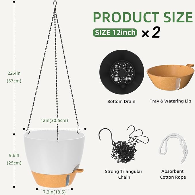 ZMTECH 12 Inch Hanging Planters for Indoor Outdoor Plants, 2 Pack Self Watering Hanging Plant Pots with Drainage Hole, Visual Reservoir, Plastic Flower Hanging Pots with Watering Lip (White)-Ruum Studio Home