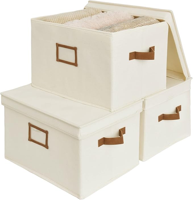 StorageWorks Storage Bins with Lids, Decorative Storage Boxes with Lid and PU Handles, Foldable Storage Baskets for Closet, Shelves, Stackable, Ivory, Jumbo, 3-Pack-Ruum Studio Home