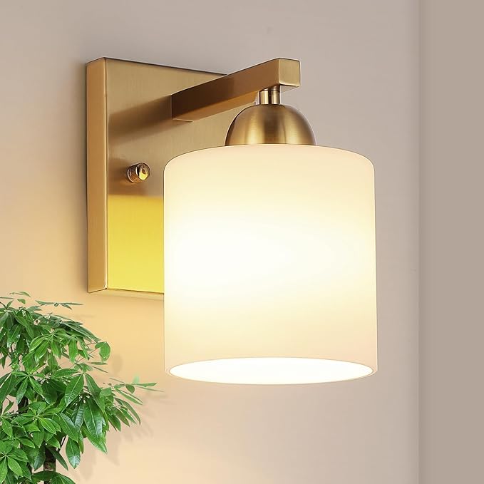 Gold Milk Glass Wall Sconces, 1 Pack Hardwired Indoor Wall Light Fixtures for Living Room, Hallway, Bedroom, Ceramic E26 Sockets (Bulbs Not Included)-Ruum Studio Home